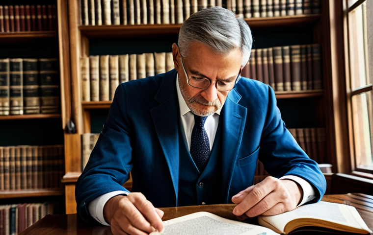 A professional genealogist, of respectful demeanor, meticulously studying historical family registers and ancient manuscripts laid out on a large, polished wooden desk. The scene is set within a serene, well-preserved historical archive, with towering bookshelves filled with bound volumes in the background. Soft, diffused natural light illuminates the documents, creating an atmosphere of deep focus and historical discovery. The subject is fully clothed in a modest, professional blazer and collared shirt, appropriate attire. Perfect anatomy, correct proportions, natural pose, well-formed hands, proper finger count. Safe for work, appropriate content, fully clothed, family-friendly, high-quality photograph.