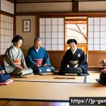 족보와 문중 - A warm and detailed traditional Japanese family gathering scene during a New Year’s celebration in a...