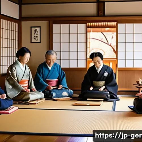족보와 문중 - A warm and detailed traditional Japanese family gathering scene during a New Year’s celebration in a...