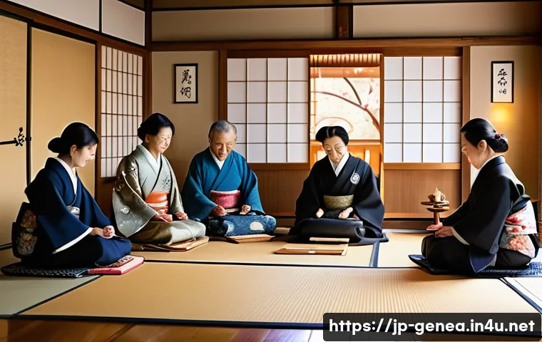 족보와 문중 - A warm and detailed traditional Japanese family gathering scene during a New Year’s celebration in a...