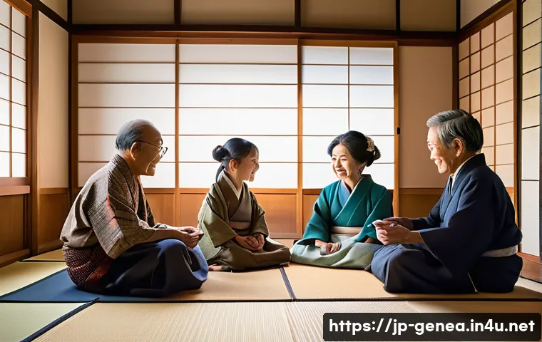 족보와 종교 - A warm and intimate family gathering scene in a traditional Japanese home during a seasonal festival...