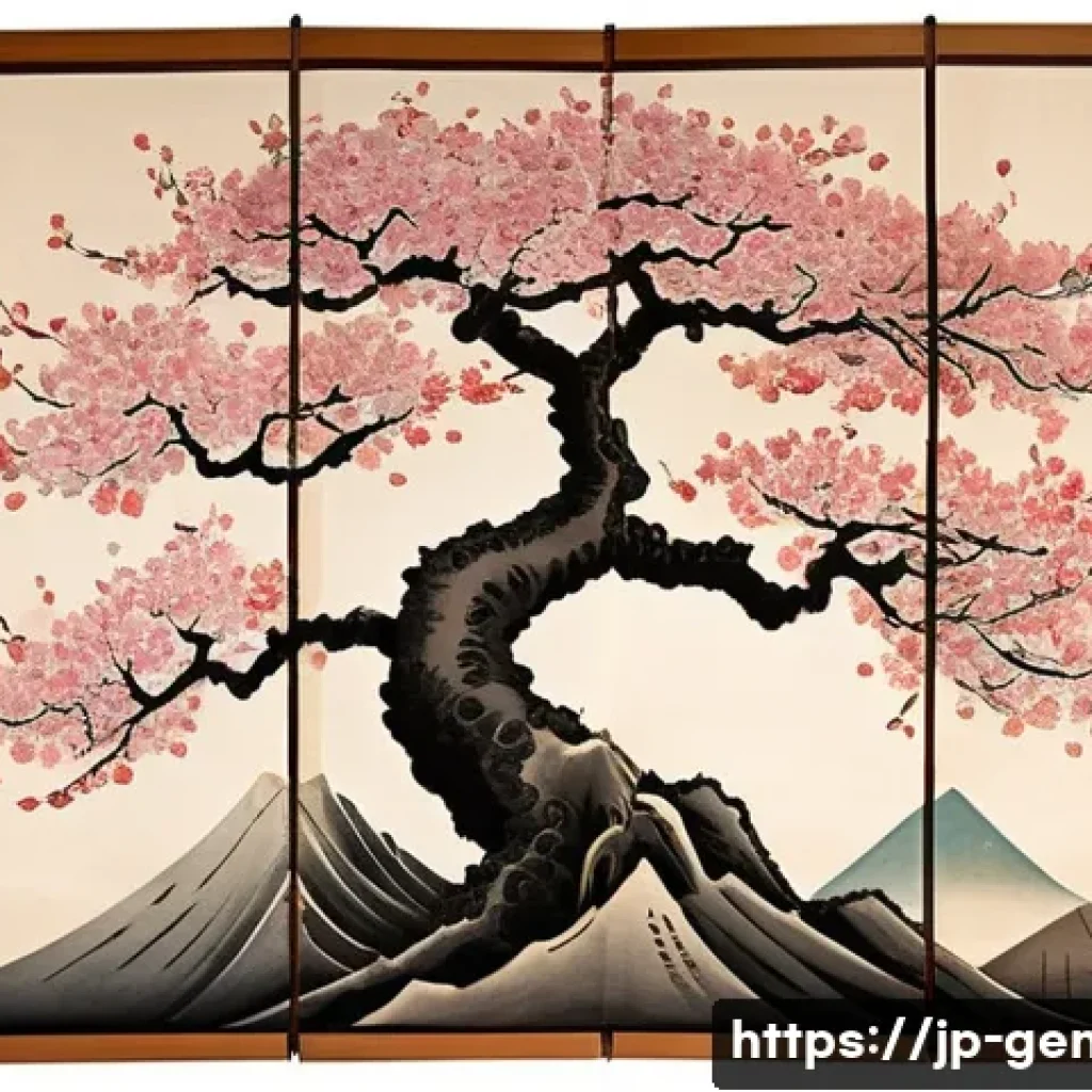 족보와 역사 왜곡 - A detailed, traditional Japanese family tree chart spread across an ancient scroll, featuring elegan...