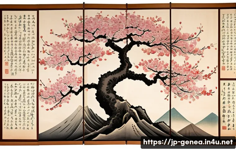 족보와 역사 왜곡 - A detailed, traditional Japanese family tree chart spread across an ancient scroll, featuring elegan...