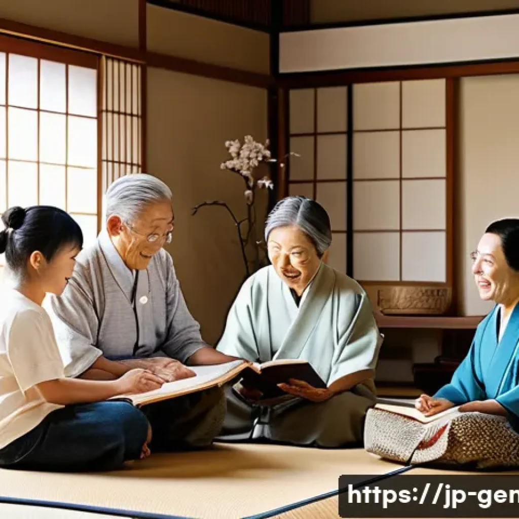가족사 정리법 - A warm and inviting family gathering scene in a modern Japanese living room, with three generations ...