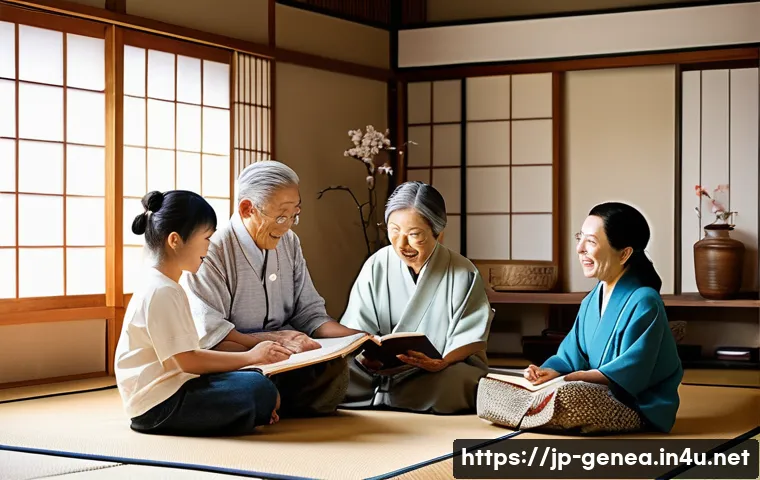 가족사 정리법 - A warm and inviting family gathering scene in a modern Japanese living room, with three generations ...