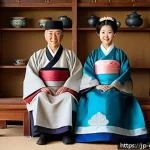박정희 가계도 - A dignified family portrait of the Park Chung-hee lineage set in a traditional Korean-style room wit...