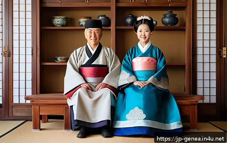 박정희 가계도 - A dignified family portrait of the Park Chung-hee lineage set in a traditional Korean-style room wit...