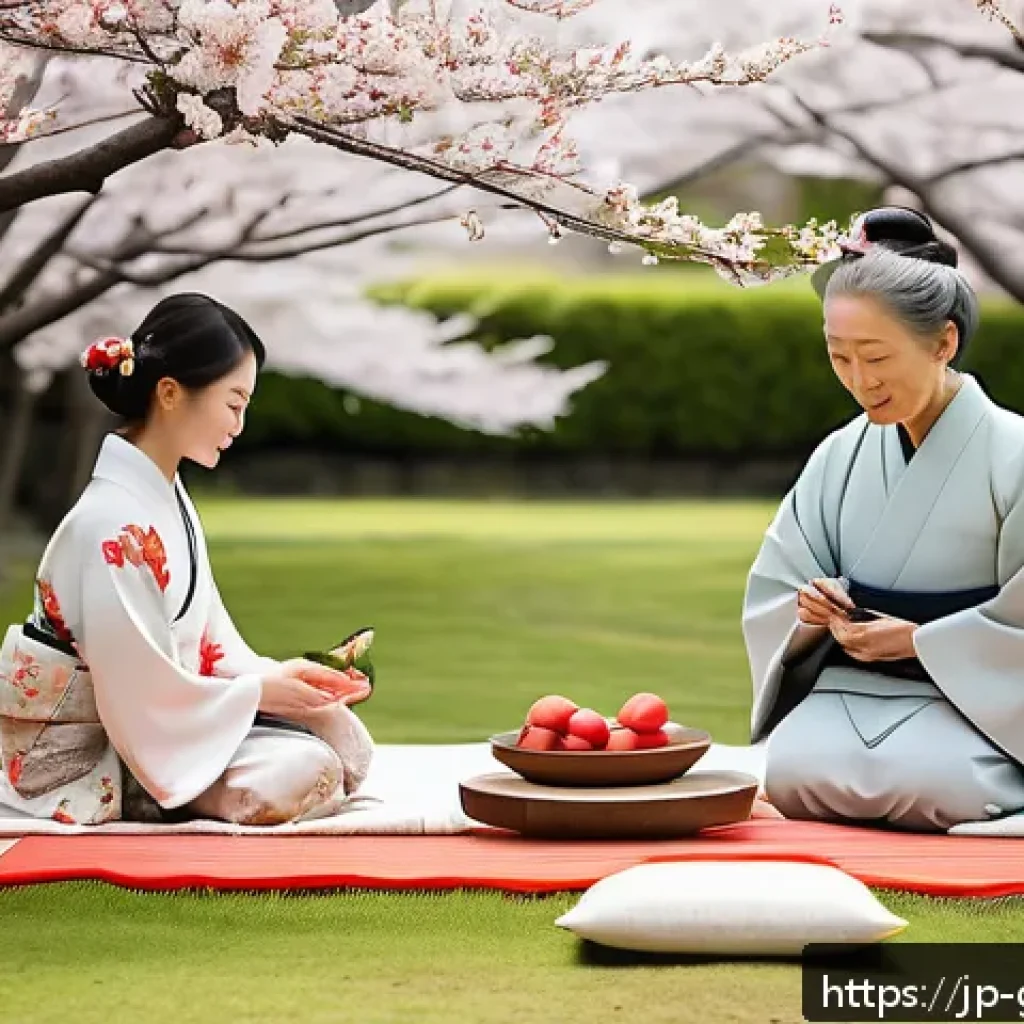 문중 제사 - A serene Japanese traditional ritual scene set outdoors during early spring, featuring a family dres...