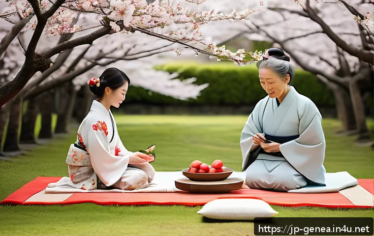 문중 제사 - A serene Japanese traditional ritual scene set outdoors during early spring, featuring a family dres...
