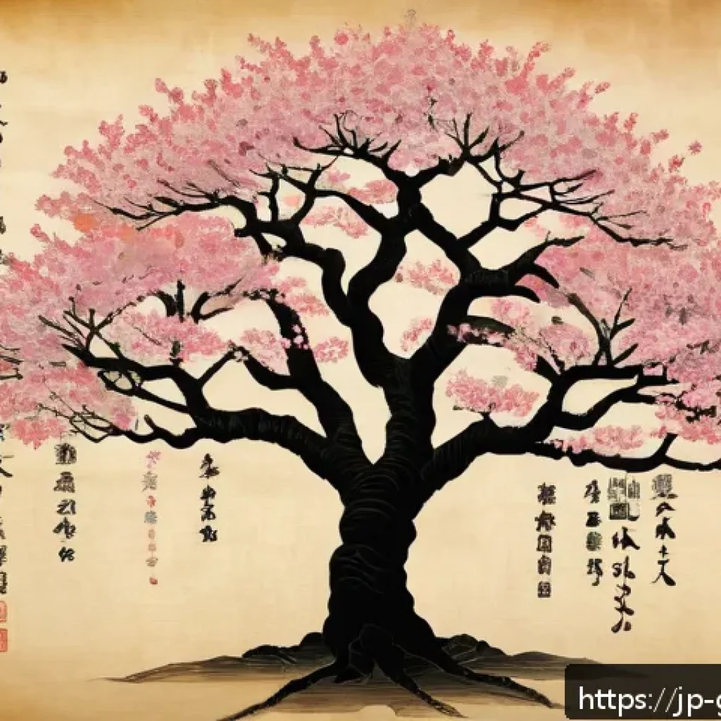 족보의 학술적 가치 - An elegant, detailed family tree chart displayed on an antique parchment background with Japanese ca...