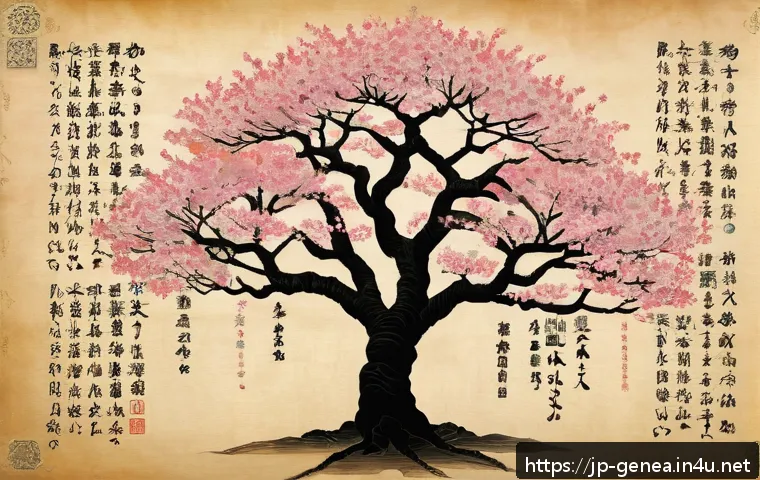 족보의 학술적 가치 - An elegant, detailed family tree chart displayed on an antique parchment background with Japanese ca...