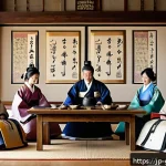 사대부 족보 - A detailed traditional Korean noble family gathering scene set in the Joseon dynasty era, featuring ...