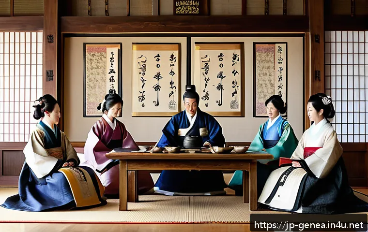 사대부 족보 - A detailed traditional Korean noble family gathering scene set in the Joseon dynasty era, featuring ...