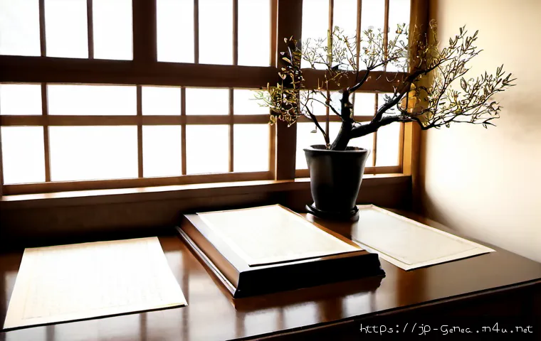 유명 인물의 족보 - Photorealistic archival-style genealogy research desk in a quiet Japanese study, an unmarked antique...