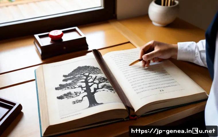 족보와 한자 - Photorealistic Japanese family-history research scene, an open traditional bound genealogy book with...