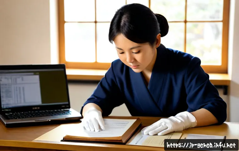 족보 연구 논문 - Photorealistic Japanese genealogy researcher in a quiet university archive, carefully comparing old ...