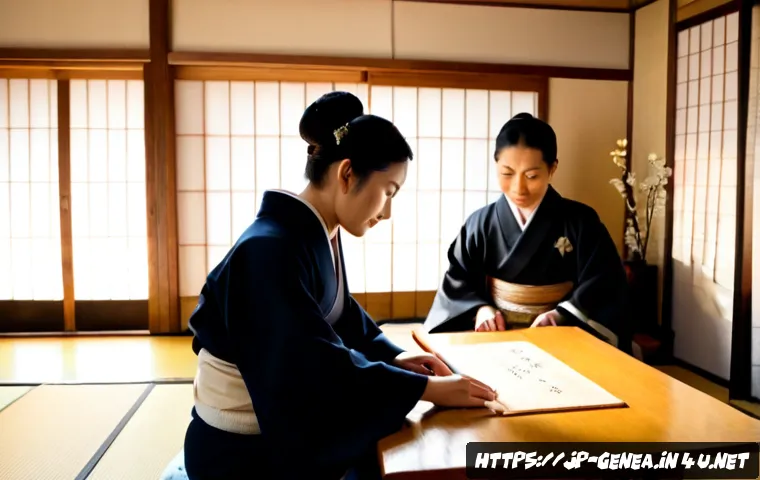 족보와 신분제 - Photorealistic historical Japanese interior, a dignified Edo-period family elder in formal kimono se...